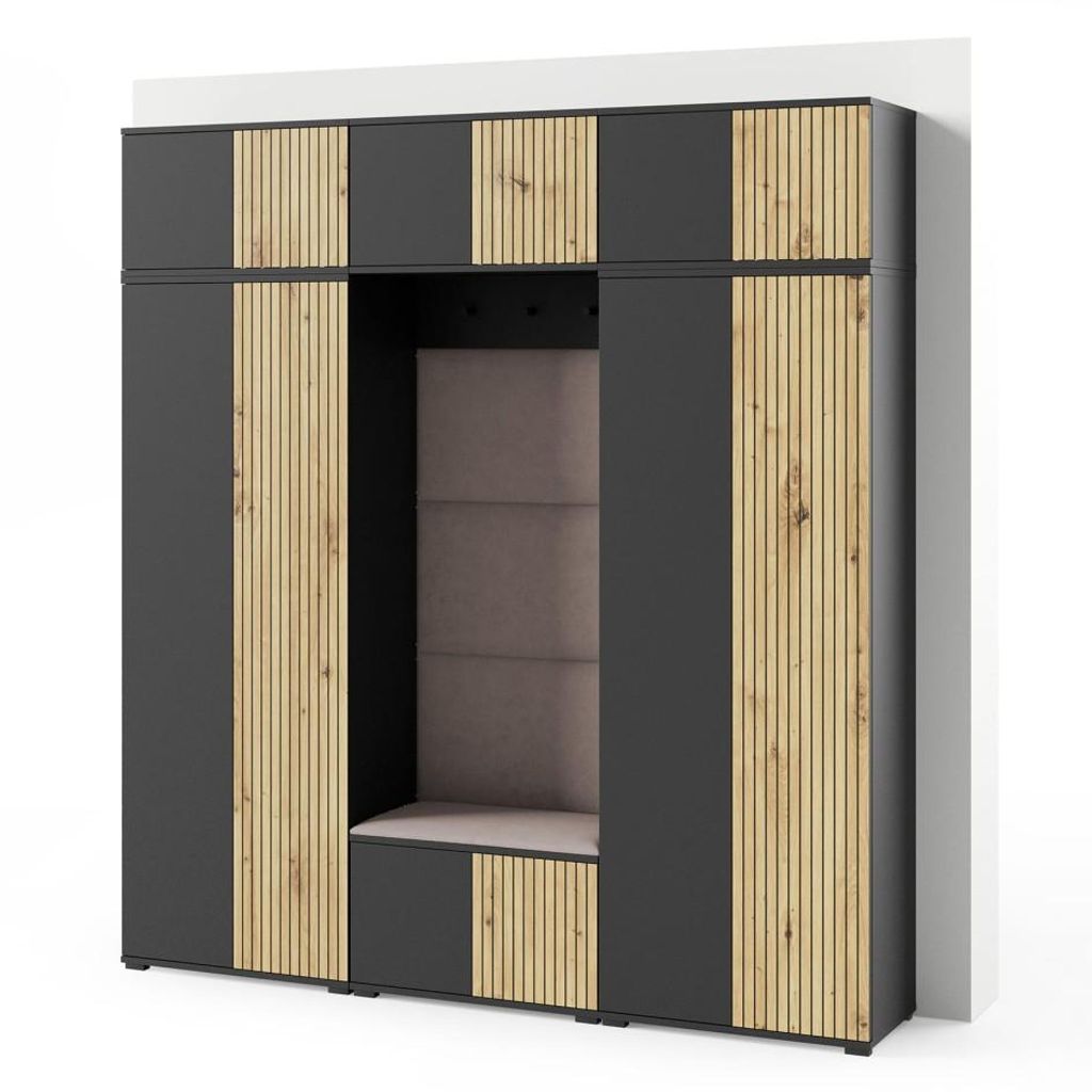Garderoben-Set Rosario Version 4 mit Lamellen, Kleiderschrank mit Polsterplatten und Schuhschrank (Schwarz / Eiche Artisan, Trinity 05)