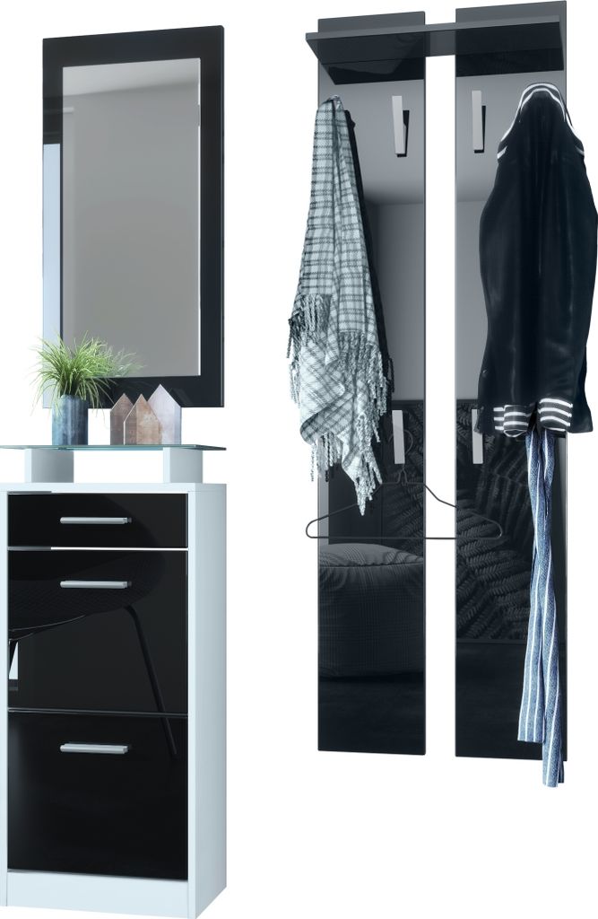 Vladon Garderobenset Garderobe Loret V2 Mini, Korpus in Weiß matt / Front in Schwarz Hochglanz