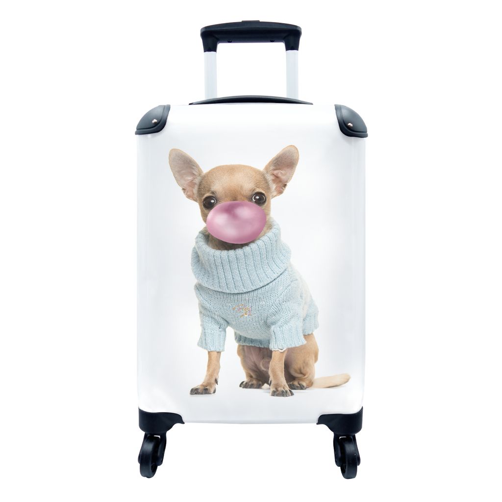 MuchoWow Koffer Handgepäck Trolley Rollkoffer Kleine Reisekoffer mit 4 Rollen - Hund - Kaugummi pusten - Chihuahua - Spaß für Kinder - Mädche...