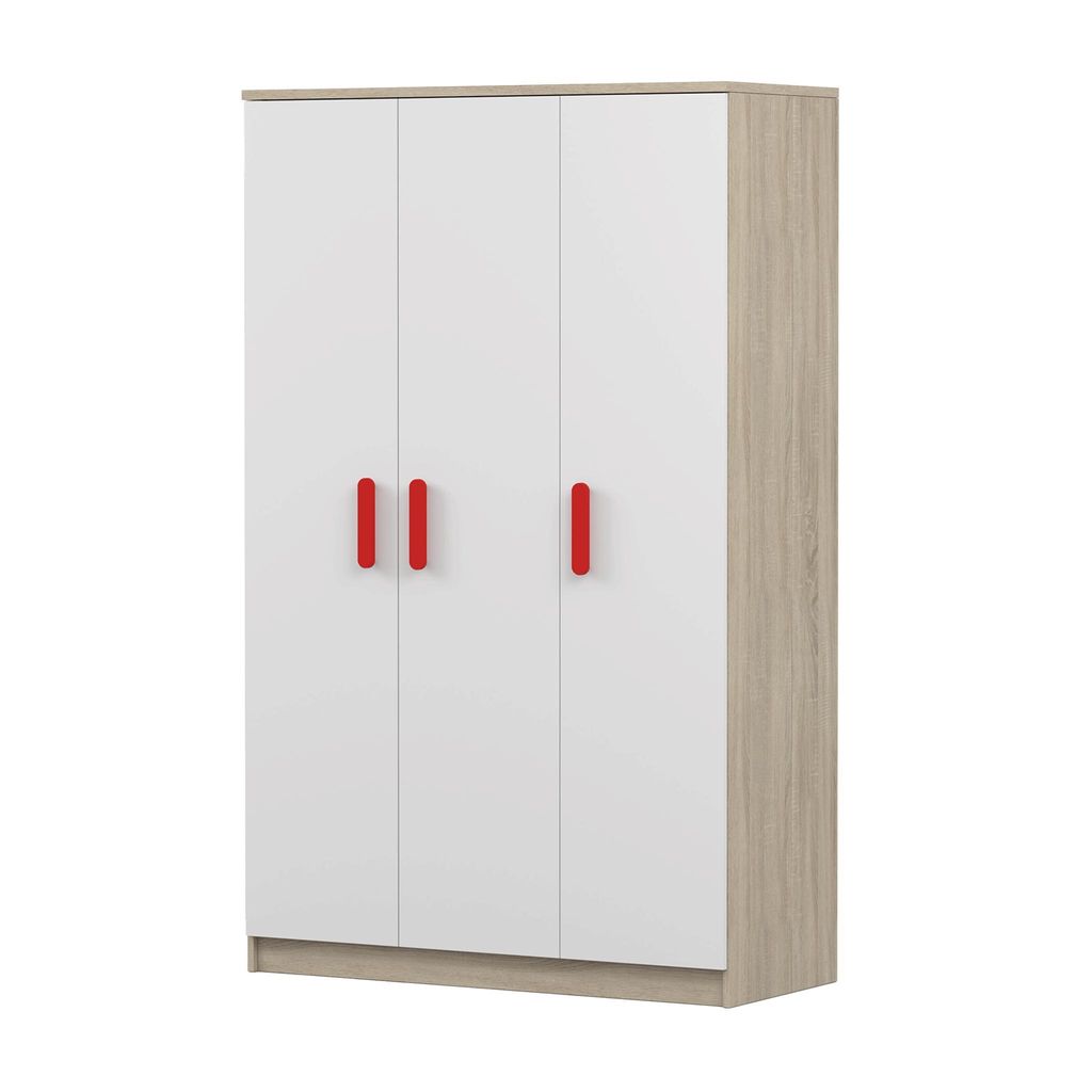 Kinder-Kleiderschrank 120 cm – Sonoma/Weiß mit rote Griffe, Produktbild 