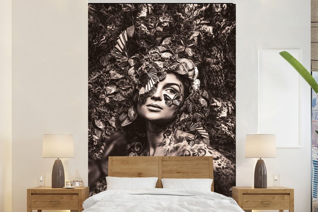MuchoWow Fototapete für Wohnzimmer oder Schlafzimmer Wandtapete Vinyl Motivtapete Frau - Sepia - Schmetterling - 200x300 cm - Wanddekorationen