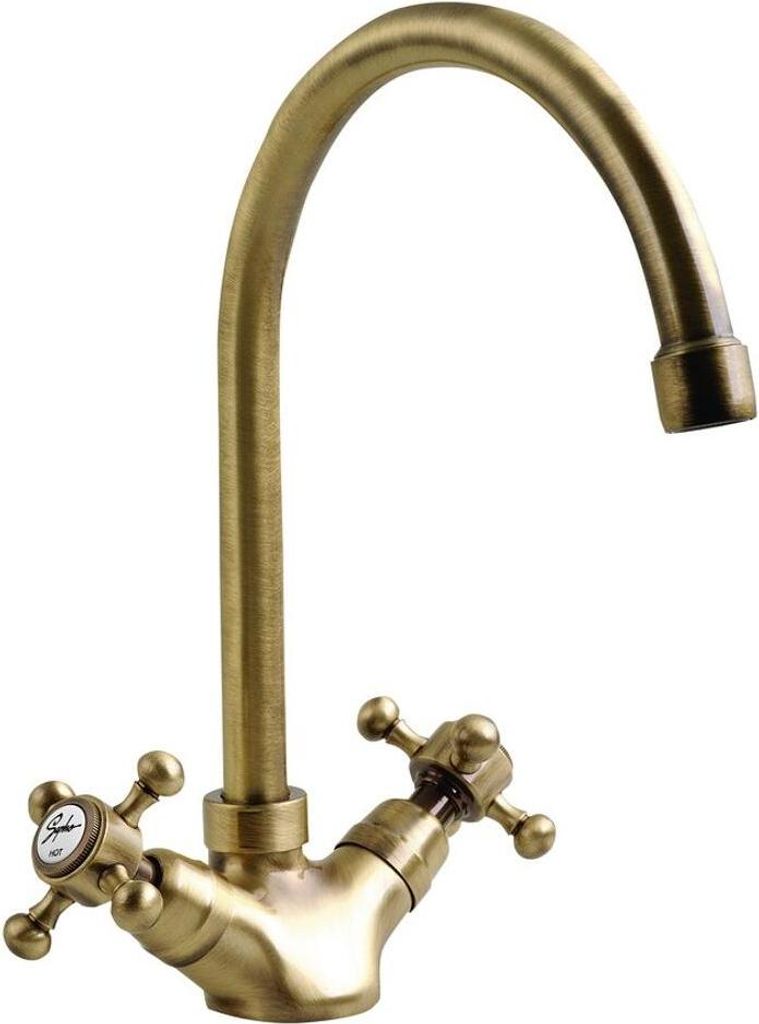 A bronze-colored kitchen faucet with two cross-shaped handles.