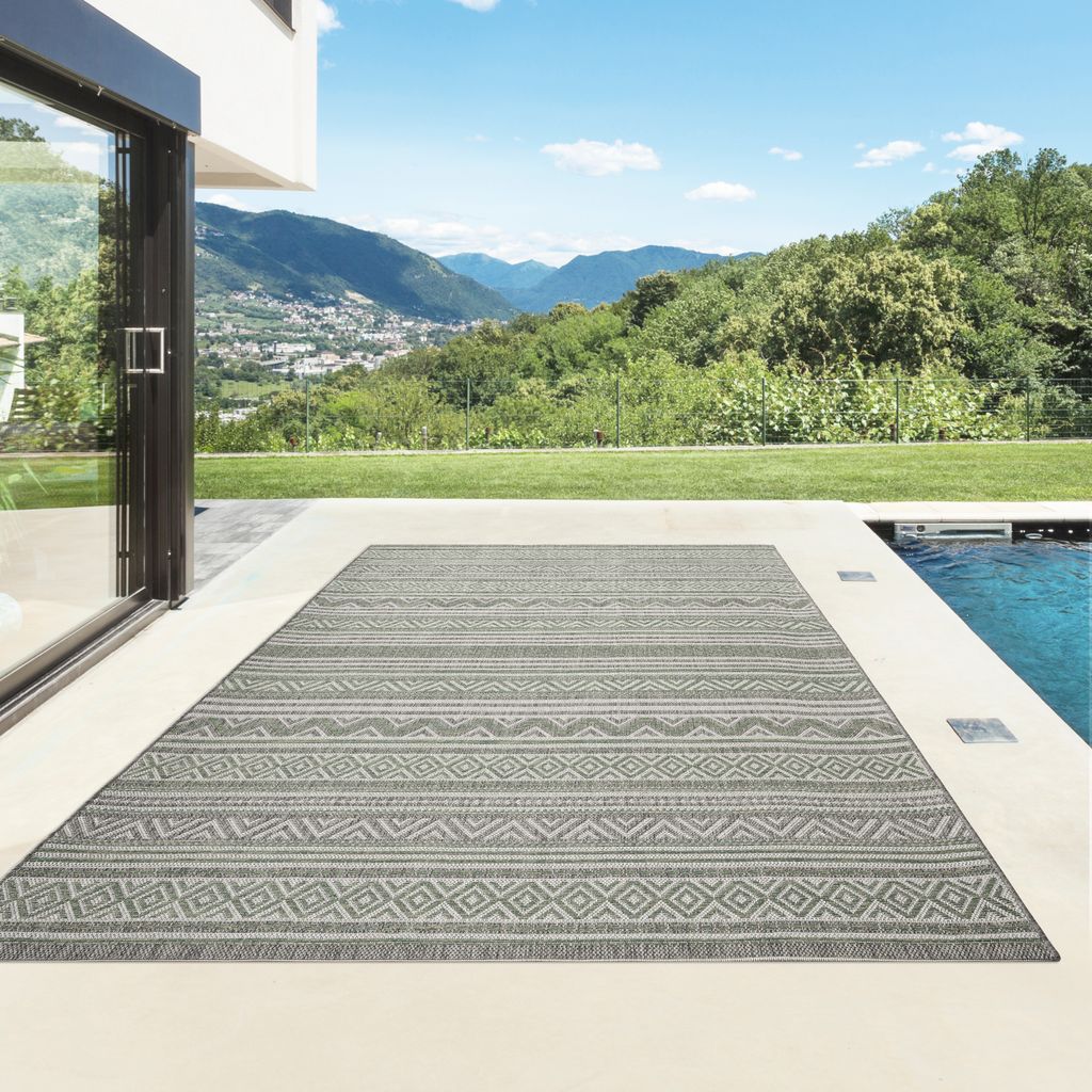 Outdoor Teppich I UV-Stabil Für Drinnen und Draußen I Terrasse Balkon Garten Wohnzimmer Badezimmer Küche Flur Läufer | Fein Geometrisch Grün