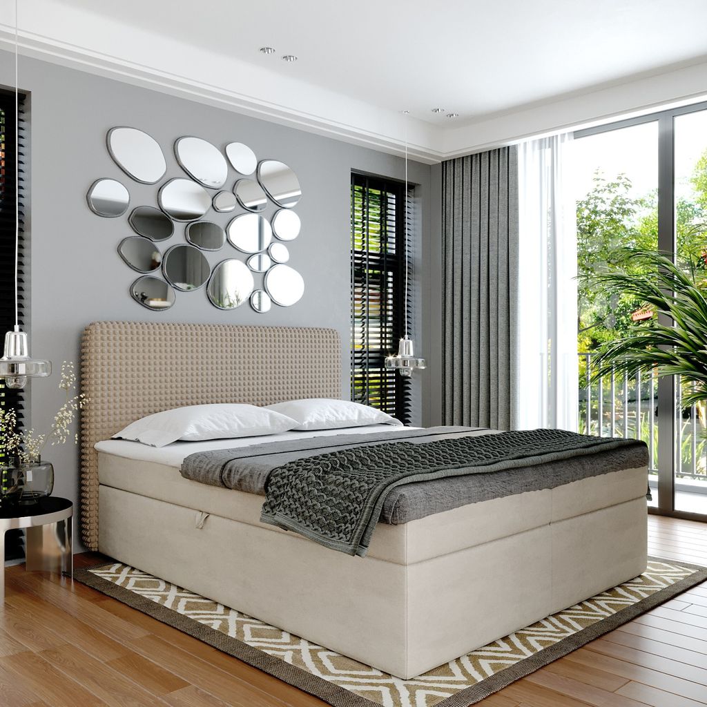 Boxspringbett Doppelbett SUZI - Bett mit Bonellmatratze, mit Bettkasten f r Bettw sche und Topper. Gepolstertes Kopfteil mit Einer Eleganten Weich...