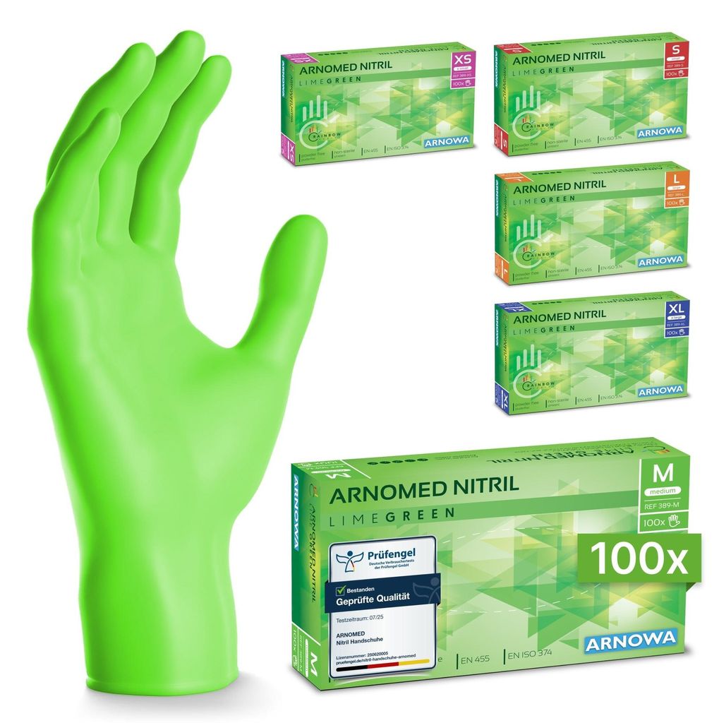 ARNOMED Nitril Handschuhe in Limettengrün, Größe L, Einmalhandschuhe | Box (100 Stück)