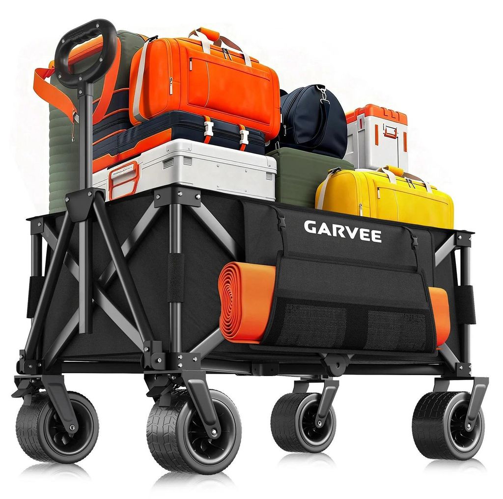 Outdoor Camping Bollerwagen - Faltbarer All Terrain Handwagen - 600D Oxfordgewebe - Verstellbarer Griff - 20 cm Räder - Schwarz