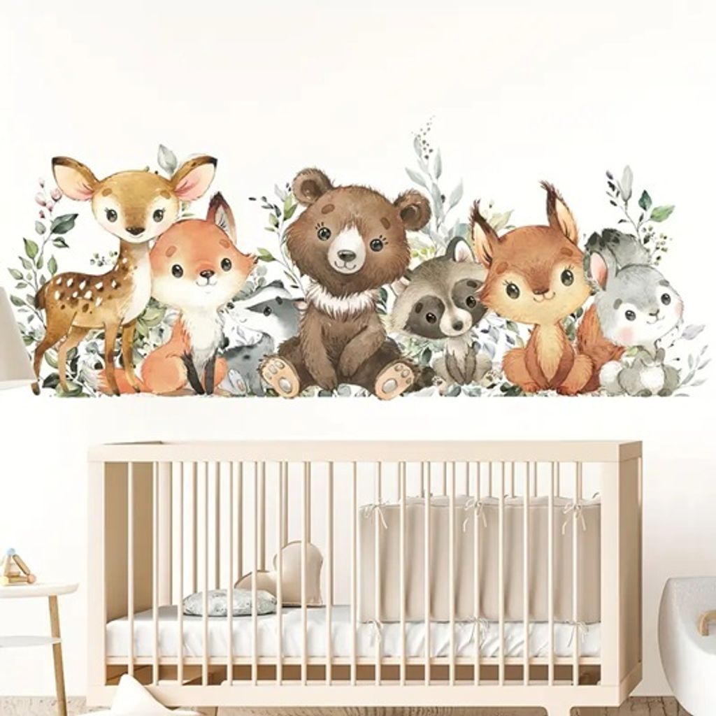 GKA Baby Wandtattoo Waldtiere GK72 Wandsticker Wandaufkleber Kinder Kinderzimmer 90 cm Fuchs Reh Bär Waschbär Eichhörnchen Hase Otter