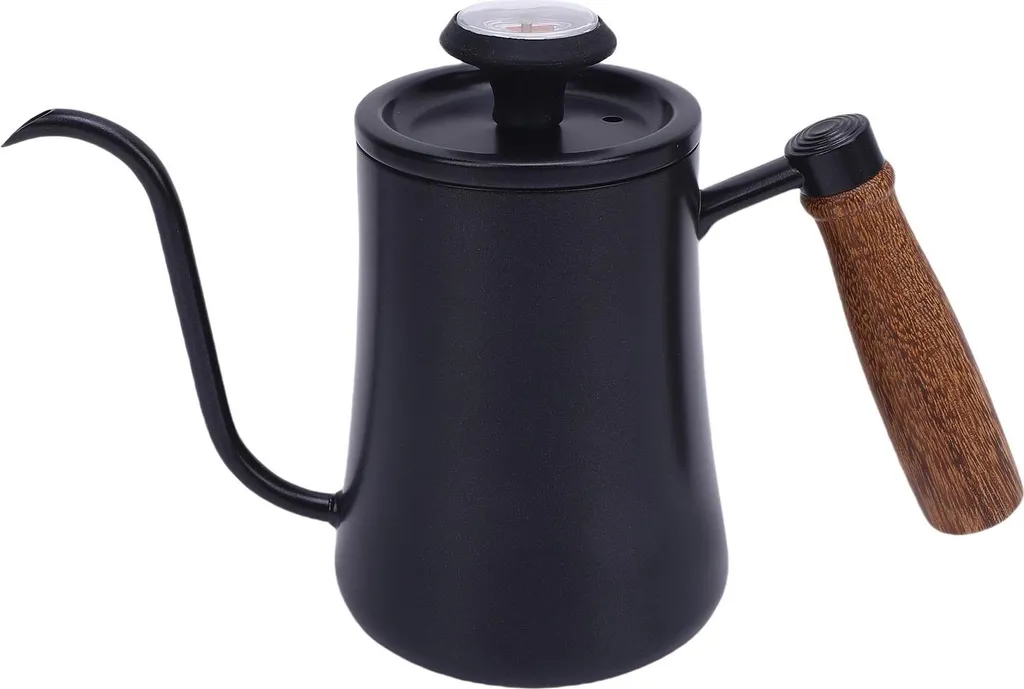 Verseuse à café manuelle 600ml en inox noir avec poignée en bois naturel