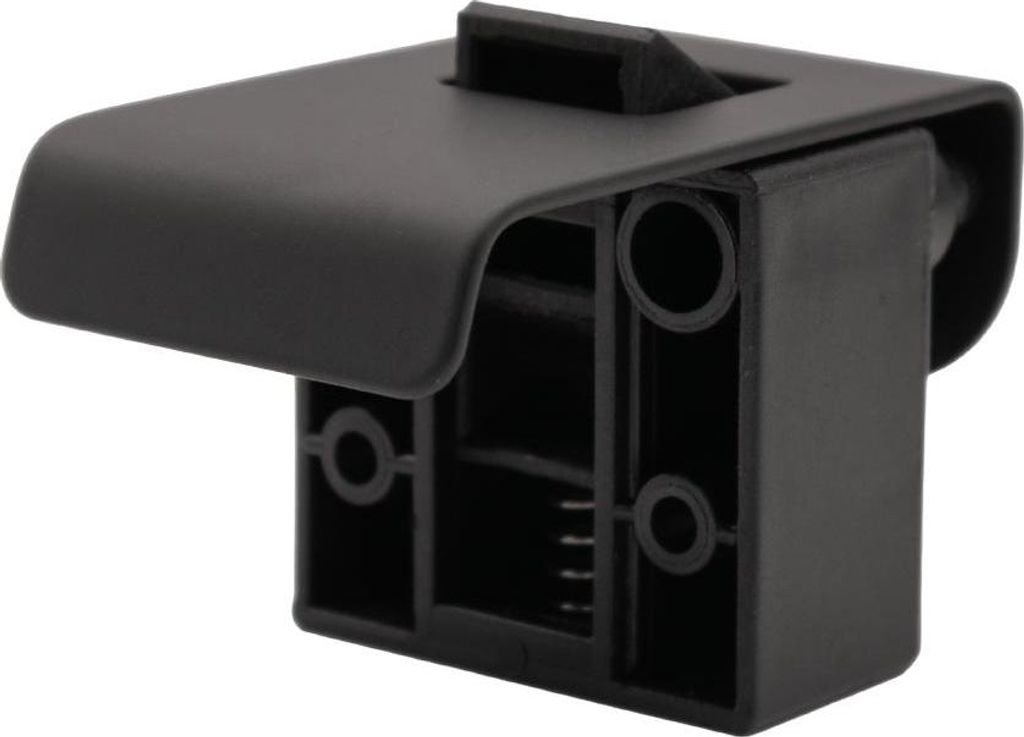 A black plastic RV furniture latch lock mechanism is shown against a white background.