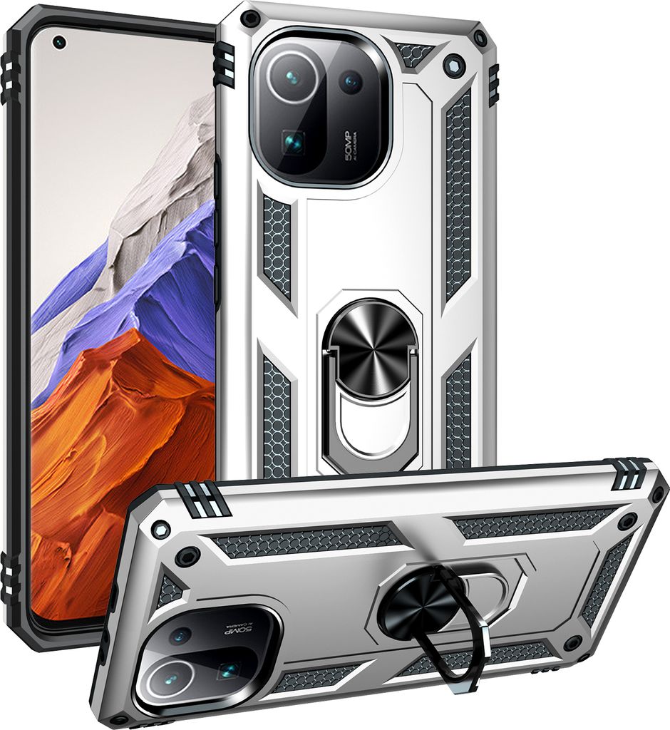 Xiaomi Mi 11 Pro Hülle, Dual Layer Militäre Fallschutz Schutzhülle mit Ringhalterung Ständer für Xiaomi Mi 11 Pro Silber