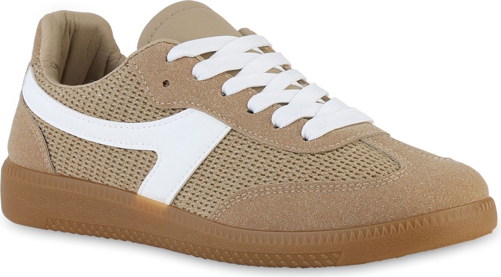 VAN HILL Damen Sneaker Low Schnürer Bequeme Strick Freizeit Schnür-Schuhe 841515, Farbe: Khaki, Größe: 39