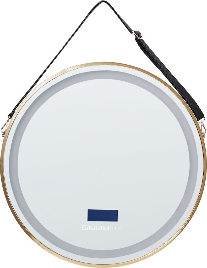 BELIANI Badspiegel Silber Rund 60 cm mit Goldrahmen Riemen LED Beleuchtung Antibeschlag Bluetooth Lautsprecher Uhr Touch Sensor Modern Lichtspi...