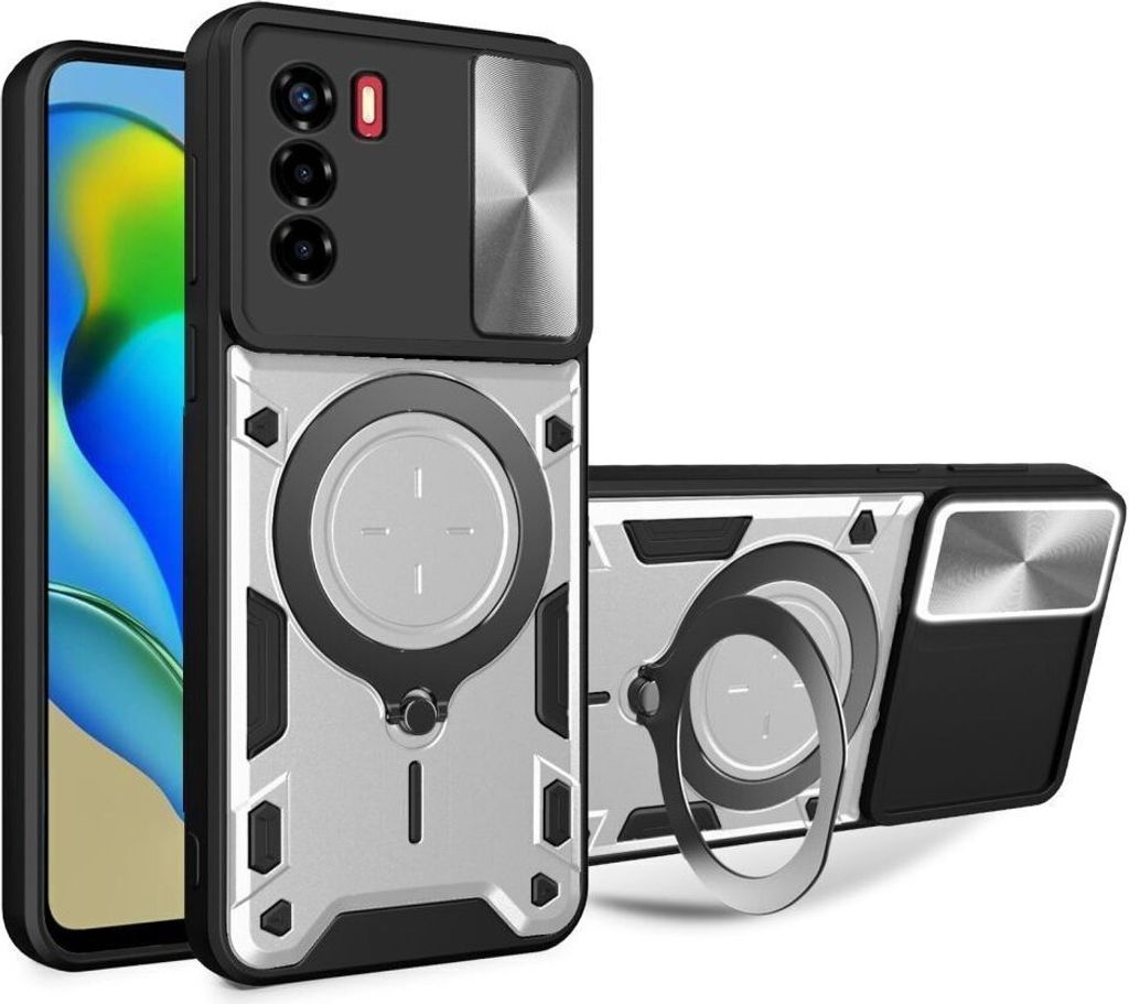 Outdoor Panzer Hülle für ZTE Handyhülle mit Slide Kameraschutz Ringhalter Bumper Blade A51 Silber