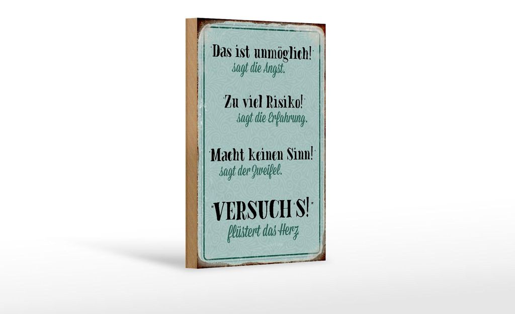 Holzschild Spruch 12x18cm Angst Erfahrung Zweifel Herz blau
