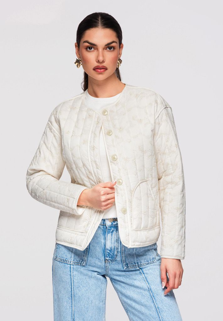 Ombre Gesteppte Damenjacke in Hüftlänge mit botanischem Stickdetail écru M