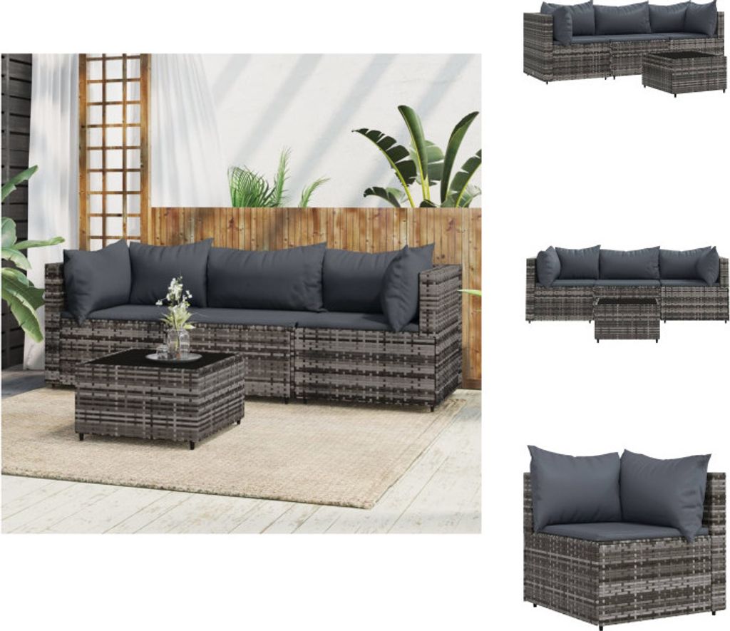 vidaXL 4-tlg. Garten-Lounge-Set mit Kissen Grau Poly Rattan - Gartensofas