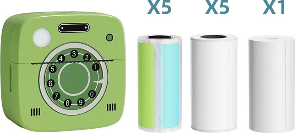 Mini-Thermodrucker Bluetooth Etikettendrucker mit 1 Thermopapierrolle + 5 selbstklebenden Thermopapierrollen + 5 farbigen Thermoetikettenrollen