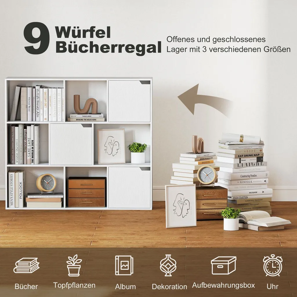Bibliothèque design blanche 9 cases dont 3 compartiments fermés - 115cm