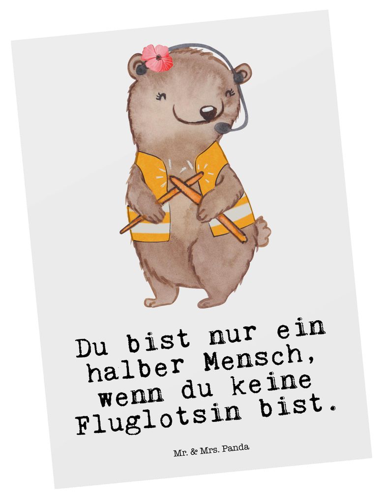 Mr. & Mrs. Panda Postkarte Fluglotsin Herz - Weiß - Geschenk, Ansichtskarte, Postkarten, Grußkarte, Witzig, Ausbildung, Beruf, Spruch, bildkarte,...