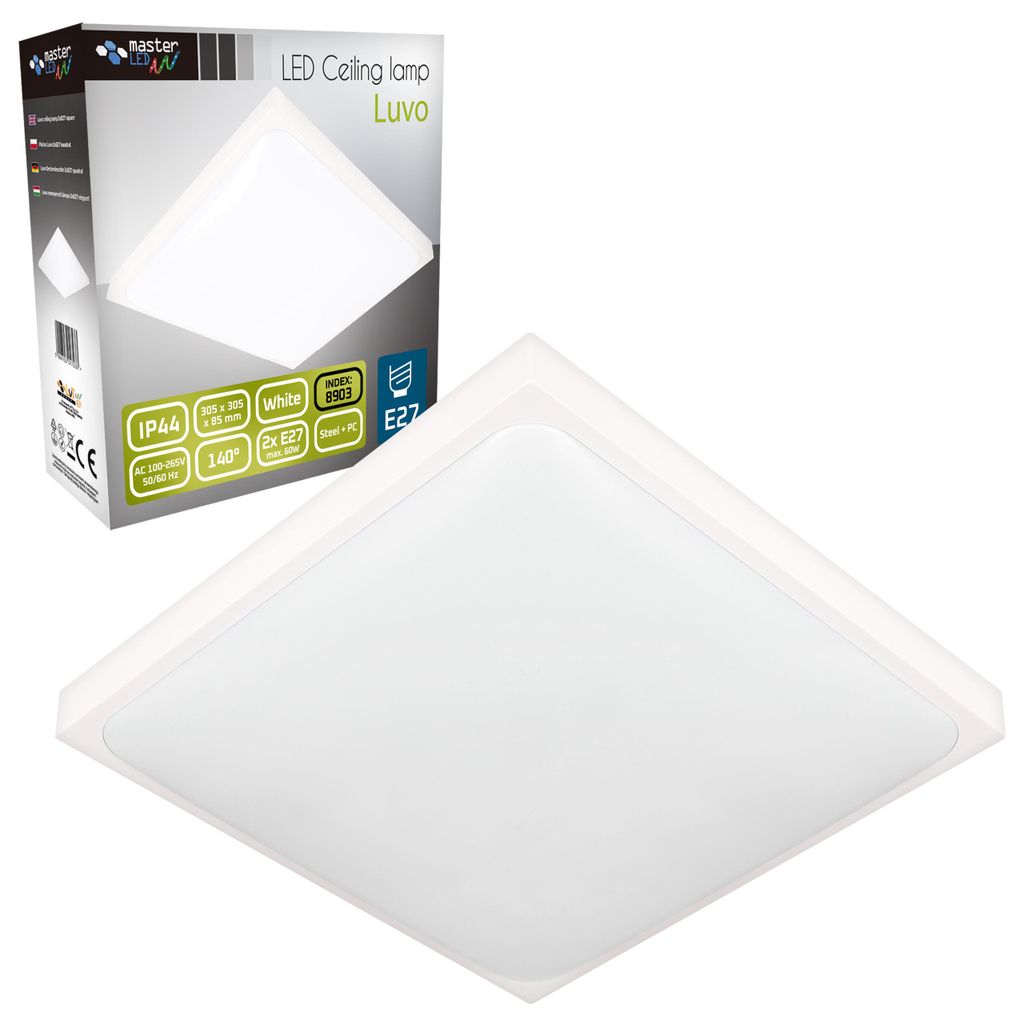 MasterLED LED Deckenleuchte quadratisch weiß, 2×E27, IP44, Aufbauleuchte für Innenräume