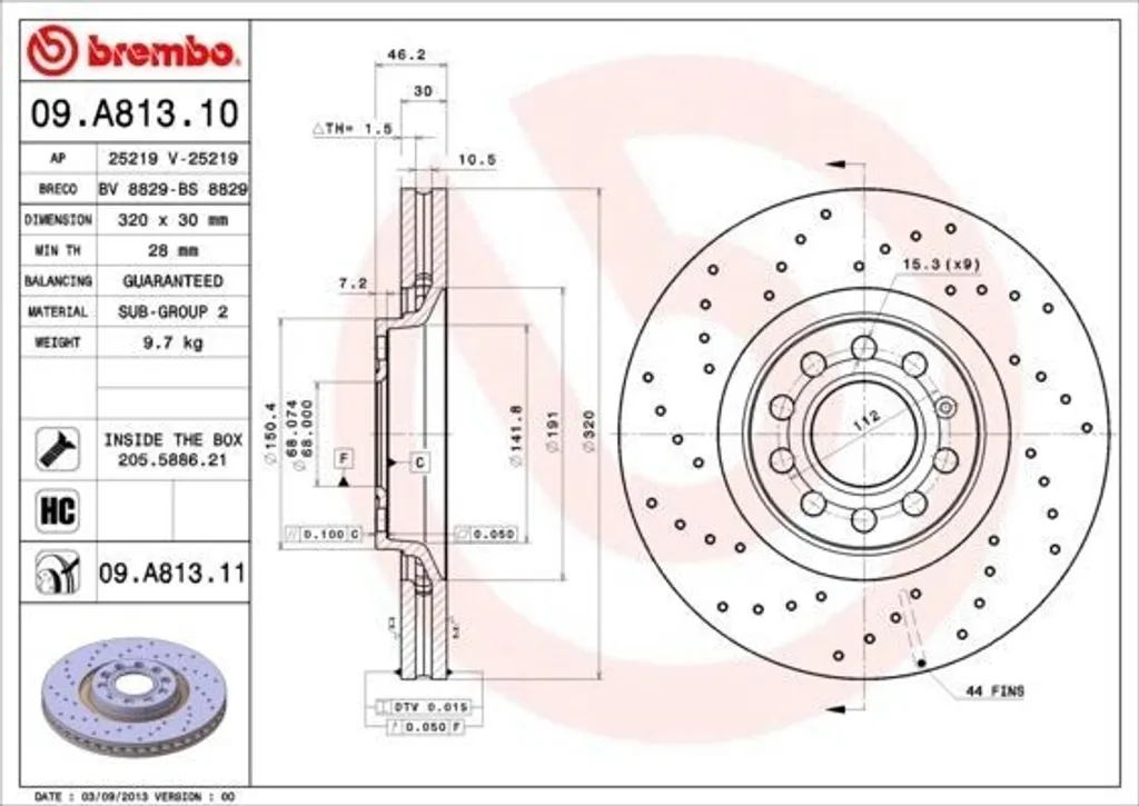 Disque de frein avant ventilé Brembo 09.A813.11 pour Audi A4 Type 8E