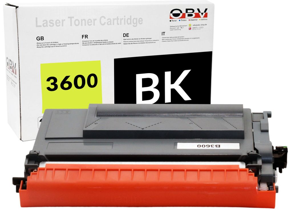A black laser toner cartridge is shown in front of its packaging box.