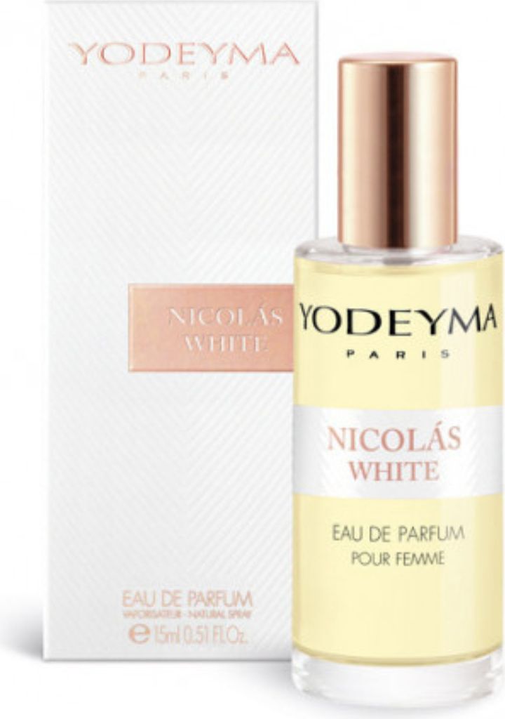 A bottle of Yodeyma Nicolas White Eau de Parfum for women and its packaging are displayed against a white background.