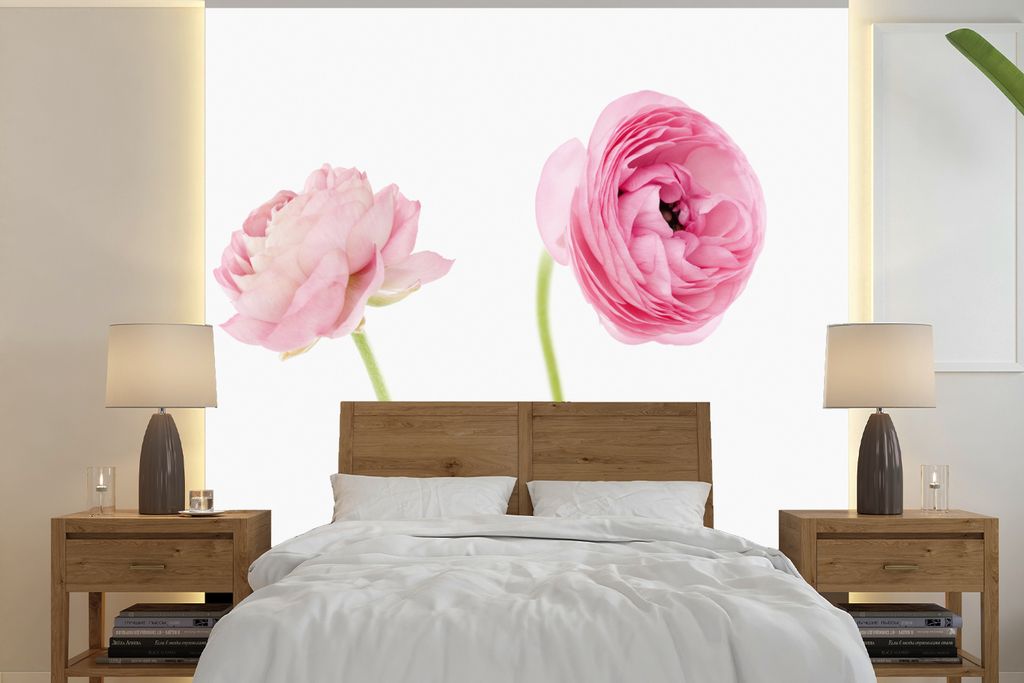 MuchoWow Fototapete für Wohnzimmer oder Schlafzimmer Wandtapete Vinyl Motivtapete Rosa Butterblumen mit weißem Hintergrund - 220x220 cm - Tapeten