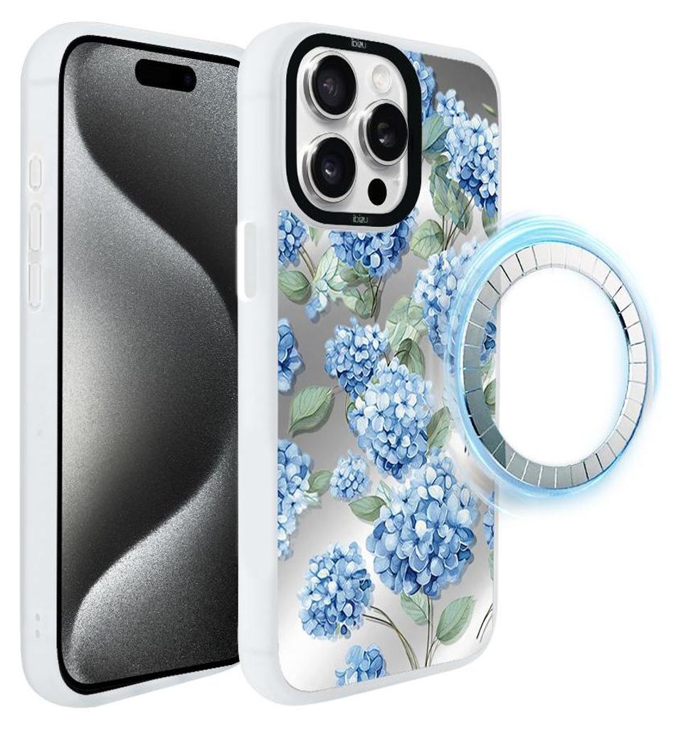 Schutzhülle für das iPhone 15 Pro, MagSafe-kompatibel, mattweiße Seiten, Hortensienblüten