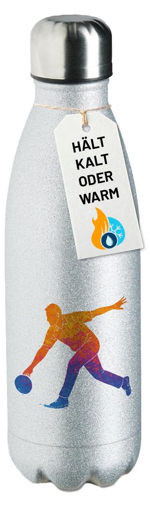 Huuraa Trinkflasche Bowling bunte Silhouette 500ml Silver Edelstahl Wasserflasche Trinkflasche Geschenkidee