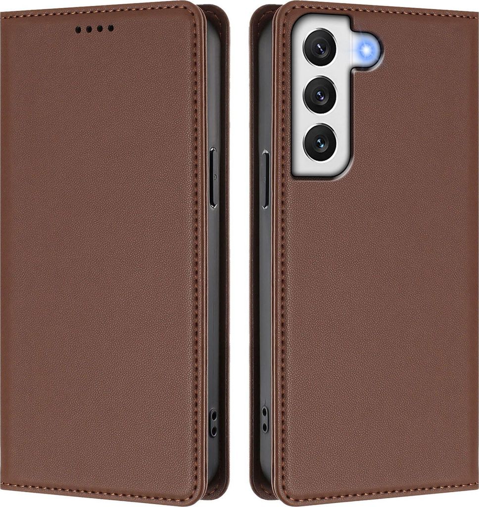 Handyhülle für Samsung Galaxy S22+ 5G, Kunstleder Klapphülle Stoßfeste Magnetische Hülle mit Ständer Braun