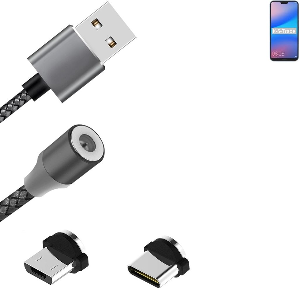 K-S-Trade Hochwertiges Magnet-Lade-kabel Sync-Kabel Daten-Kabel für Huawei P20 Lite Single-SIM mit USB-Typ-C-Anschluss und Micro-USB-Anschluss 2A bis