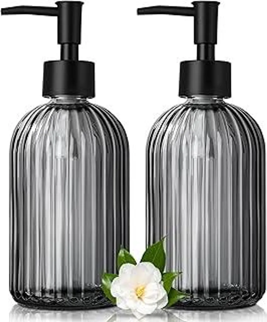 GMISUN Dispenser per sapone, 425 ml Nero Dispenser per sapone in vetro, 2 pezzi Dispenser per sapone con pompa, moderno dispenser per detersivo da cucina a strisce per bagno e cucina, dispenser a pompa, dispenser per sapone liquido - 1