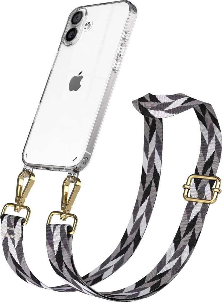 EAZY CASE Handykette - Verstellbarer Trageriemen kompatibel mit Apple iPhone 16 Plus, Handykordel mit transparenter Silikon-Hülle, Karabiner Gold,...