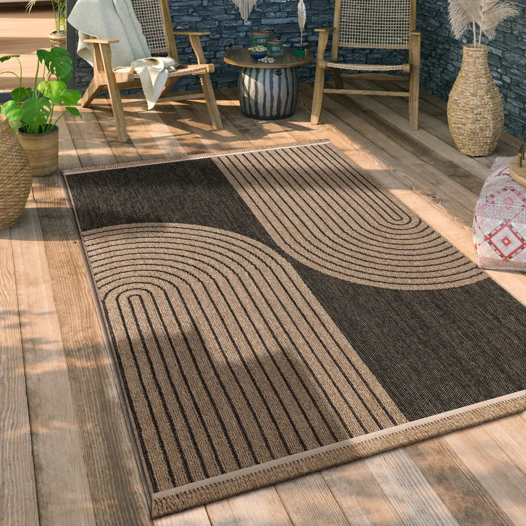 Grand tapis de terrasse moderne aspect sisal gris beige 240x340 durable