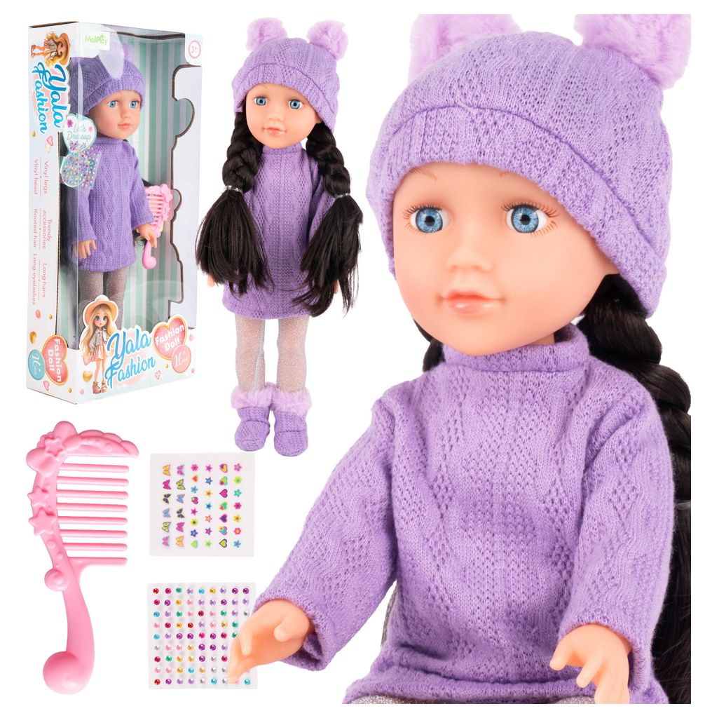 Malplay Babypupper 40 cm Puppe mit Zubehör Kamm Aufkleber Perlen Lila Mütze ab 3 Jahren Geschenk