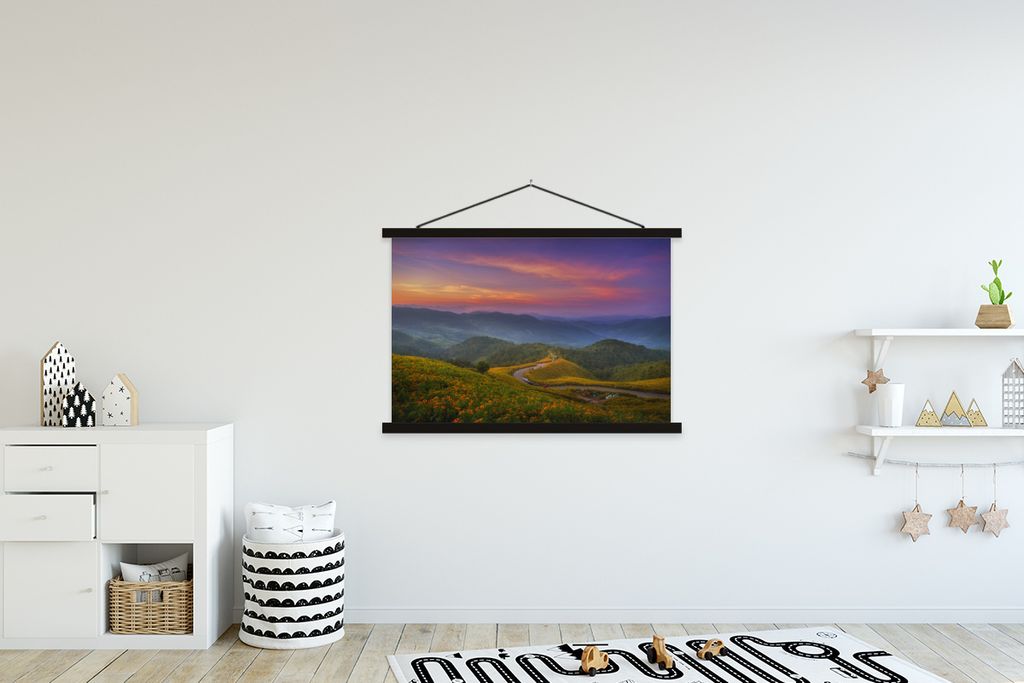 MuchoWow Textilposter Berge - Farben - Pastell 120x80 cm mit schwarzem Rahmen - Wanddeko