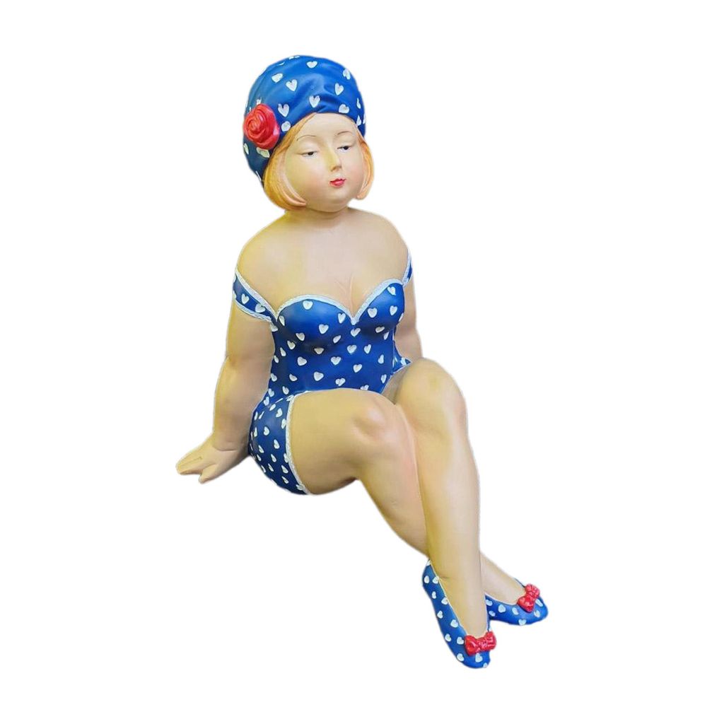 Gartenfigur mollige Badenixe Figur sitzend blau mit weißen Produktbild 