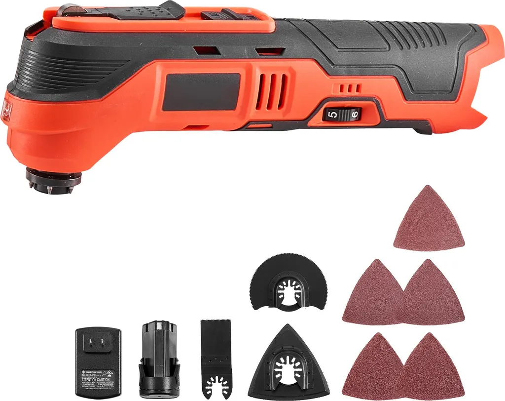 Utensile oscillante a batteria SucceBuy, sega multifunzione da 12 V con velocità a 6 livelli da 6000-17500 OPM, angolo di oscillazione di 3,2°, batteria e caricabatterie da 2,0 Ah, set di accessori da 8 pezzi e luce da lavoro a LED