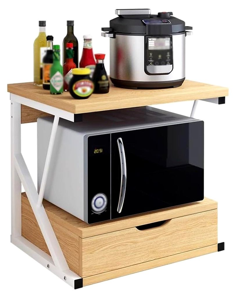 Mikrowellenständer aus Holz mit 2 Ebenen und Schublade für Küche, Aufbewahrung, Heimbüro und Druckerregal