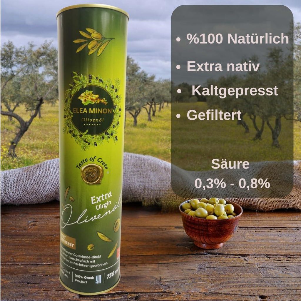 Elea minon 0,75-Liter Natürliches Olivenöl von der griechischen Insel Kreta, Kaltgepresstes Extra natives Olivenöl, Zeytinyagi