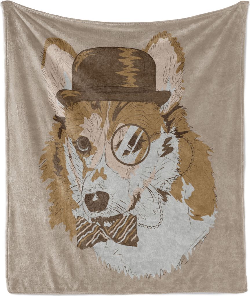 ABAKUHAUS Hundeliebhaber Weich Flanell Fleece Decke, Entzückende Corgi mit lustigem Fancy Fliege und Melone Monocle Vintage-Doodle, 175 x 230 cm, ...