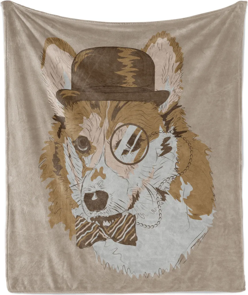 ABAKUHAUS Amanti dei cani Morbida coperta in flanella e pile, adorabile corgi con divertente papillon e monocolo vintage, 175 x 230 cm, multicolore