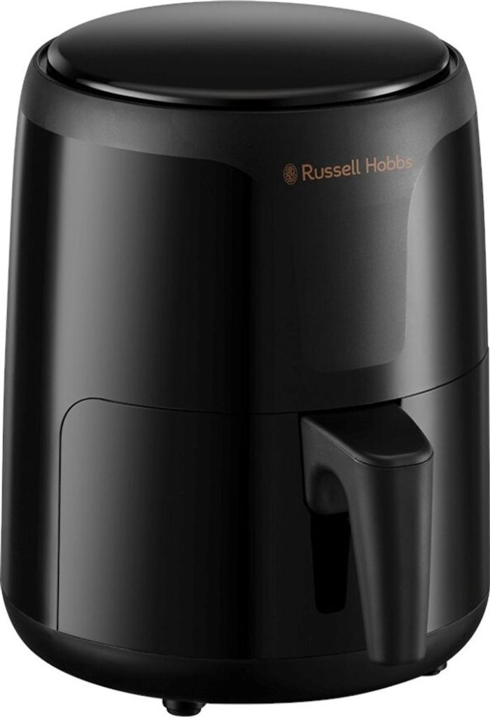 A black Russell Hobbs air fryer is shown against a white background.