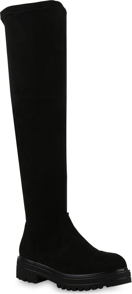 VAN HILL Damen Overknees Stiefel Plateau Vorne Profil-Sohle Schuhe 840519, Farbe: Schwarz Velours, Größe: 36