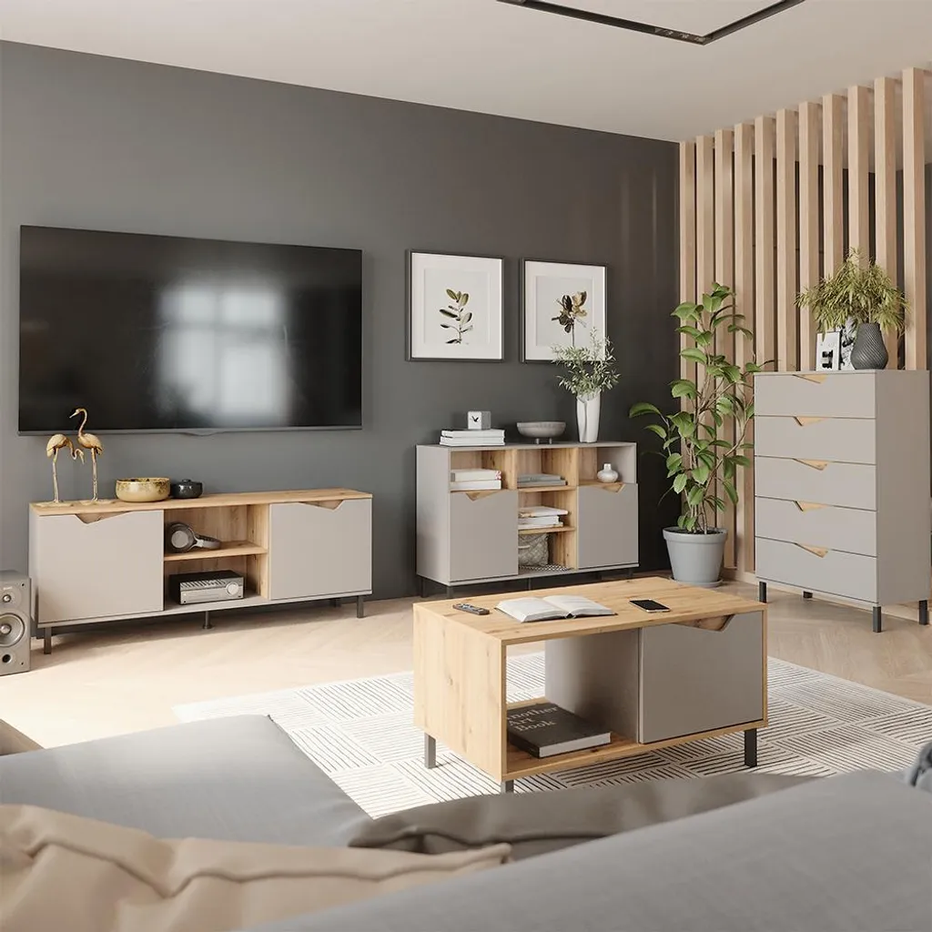 Commode greige et bois artisan, meuble bas de rangement avec 2 portes - 7