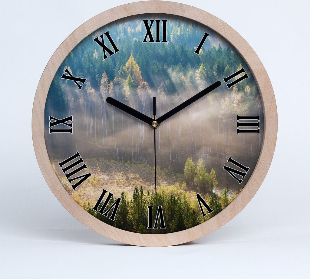 Holzuhr 30fi cm wanduhr - schwarze Spitzen - Nebel im Wald