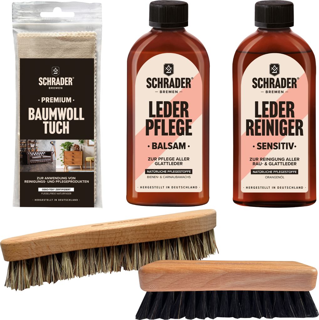 SCHRADER Reitsport Lederpflege - Pflegeset für strapazierte Reitkleidung und Reitzubehör - Lederreiniger und Lederbalsam für Glattleder - 5-teil...