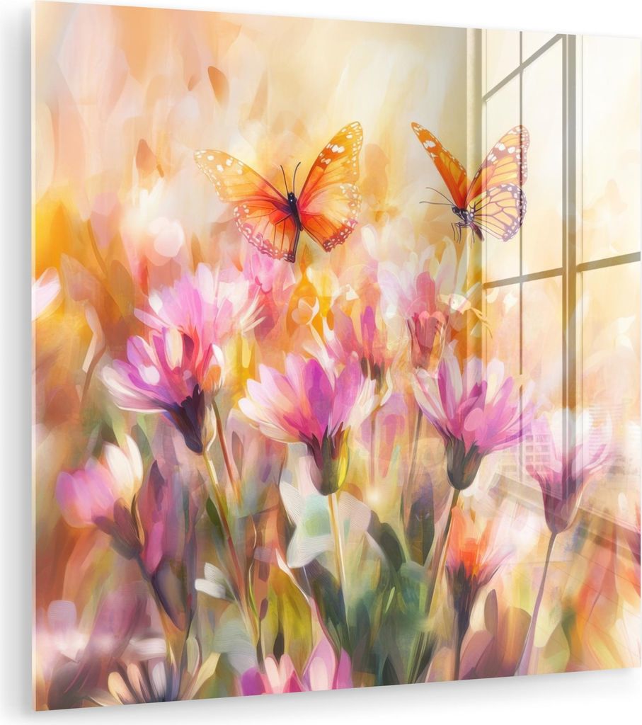 MuchoWow Glasbilder - Bilder auf Wandbild - Foto auf Glas Schmetterlinge - Orange - Blumen 90x90 cm Wanddekoration aus Glas - Acrylglasbild - Acryl...
