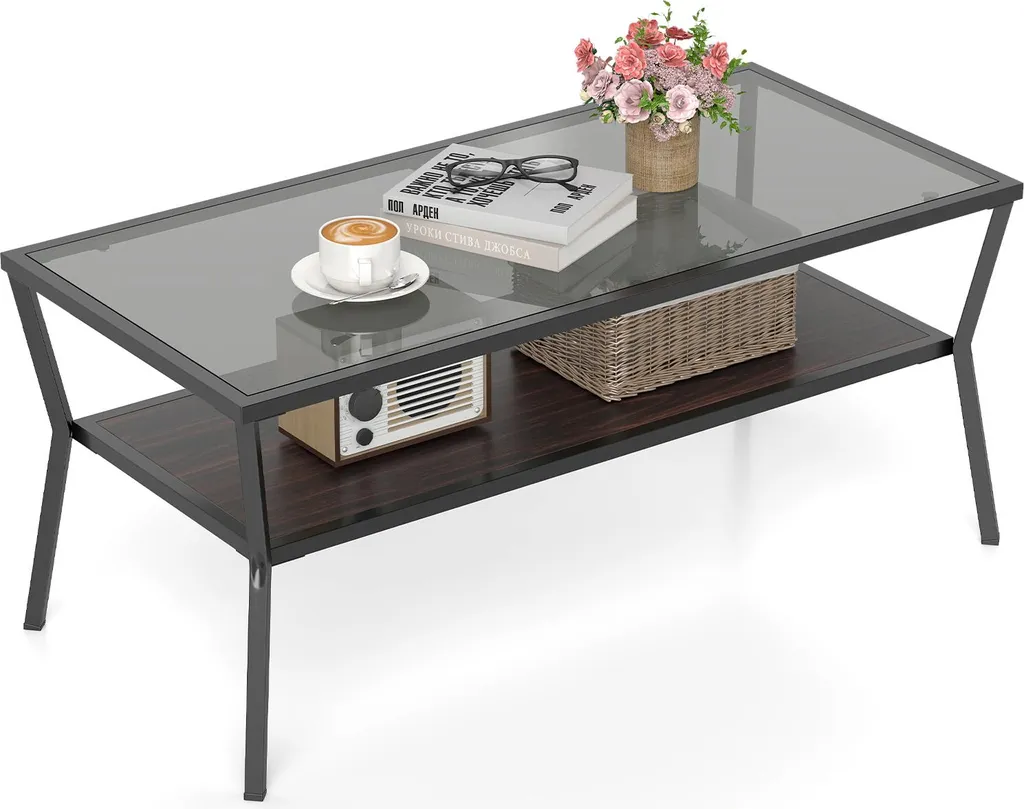 COSTWAY Tavolino Vetro Temperato 106,5cm | Struttura Metallo 2 Piani
